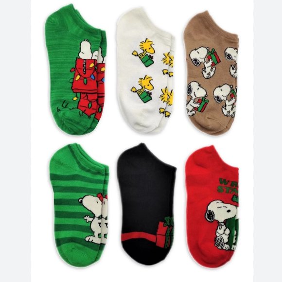 6 pair Peanuts holiday no-show Socks - Picture 2 of 6